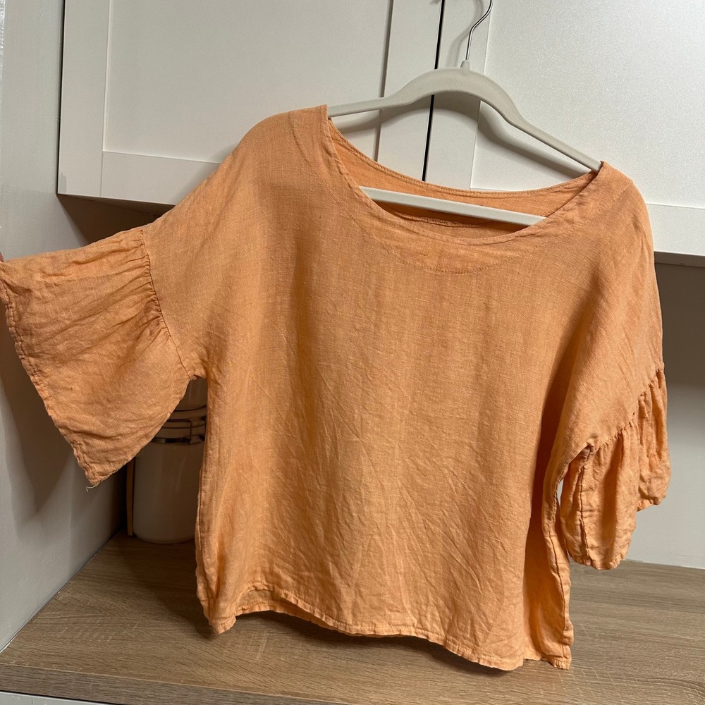 Viola Borghi Linen Blouse Womens S Orange Ruffle Bell Sleeve Made in Italy Boho